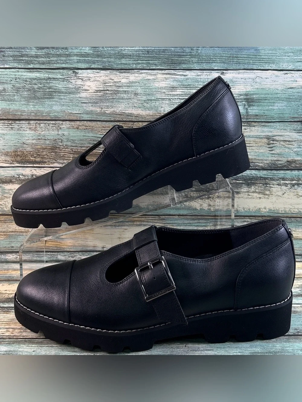 VIONIC T-Strap Mary Janes 8.5W Wedge Schoolgirl Collegiate Preppy Black Leather